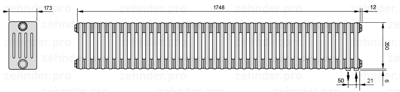Схема (чертеж) Радиатор Zehnder Charleston 5035/38 №5510 Белый глянцевый RAL 9016